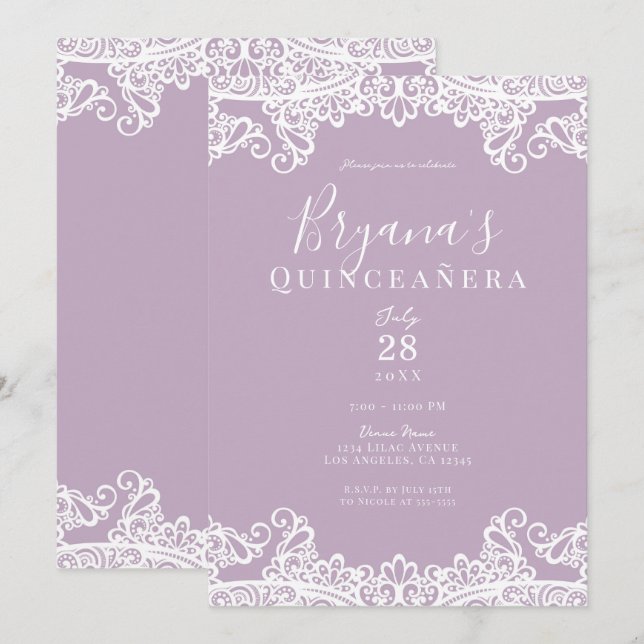 Convites Lilac Mauve & White Lace Elegante Quinceañera (Frente/Verso)