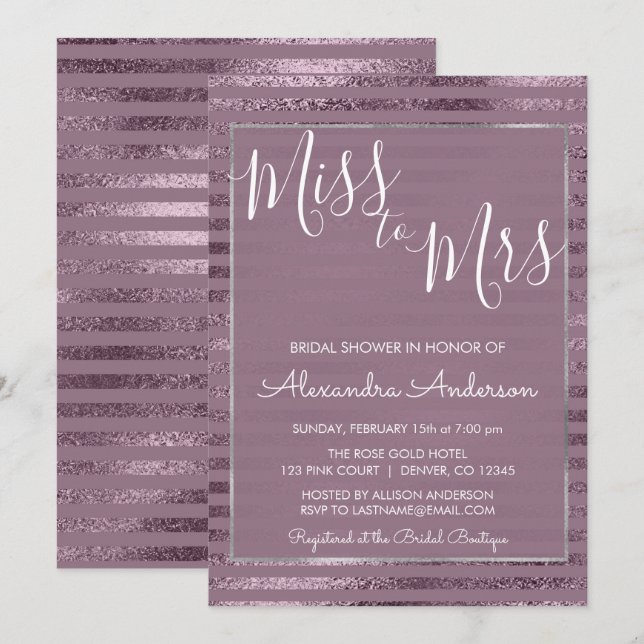 Convites Lilac Metallic Foil Miss à Sra. Chá de panela (Frente/Verso)