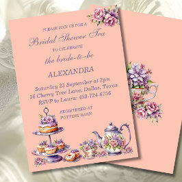 Convites Lilac Peach Floral Whimsical Tea Bridal Shower 