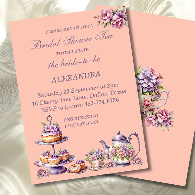 Convites Lilac Peach Floral Whimsical Tea Bridal Shower  (Criador carregado)