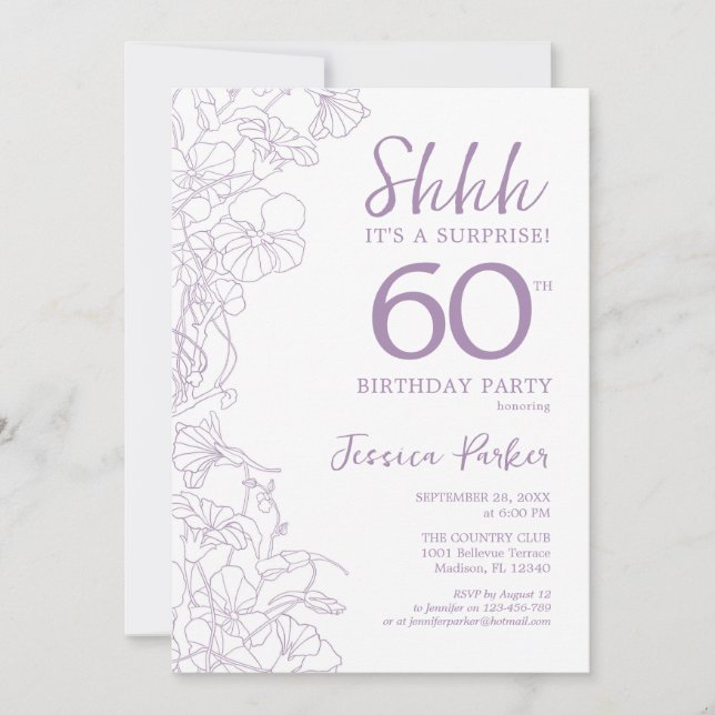 Convites Lilac Purpl White Botanical Surprise 60th Birthday (Frente)
