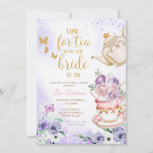 Convites Lilac Purple Butterflies Chá de panela Tea Party