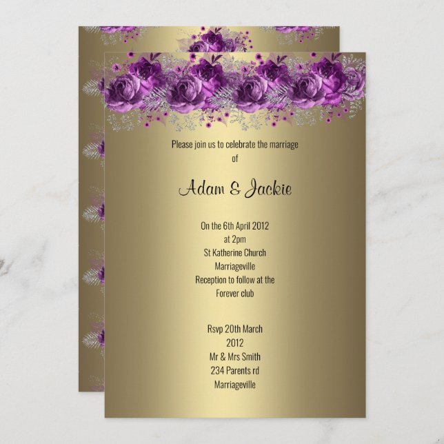 Convites Lilac Purple floral, Dourado moderno, CASAMENTO EL (Frente/Verso)