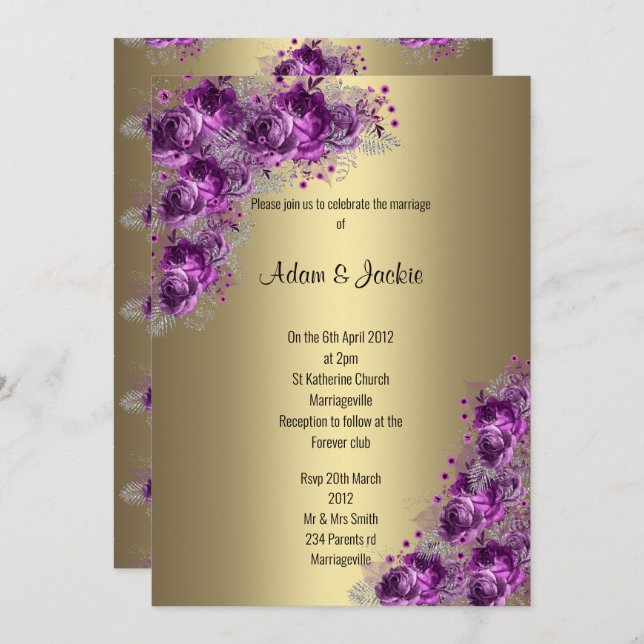 Convites Lilac Purple floral, Dourado moderno, CASAMENTO EL (Frente/Verso)