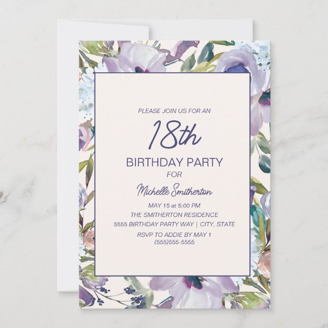 Convites Lilac Purple Floral Greenery 18º Aniversário (Frente)