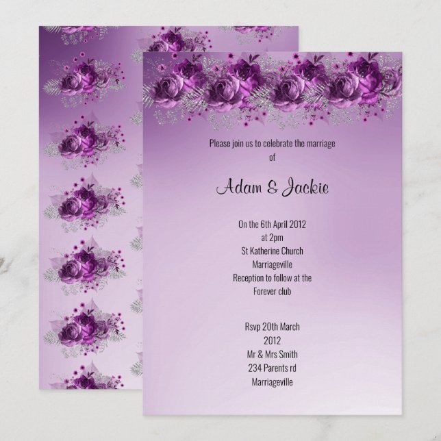Convites Lilac Purple floral, moderno CASAMENTO ELEGANTE (Frente/Verso)