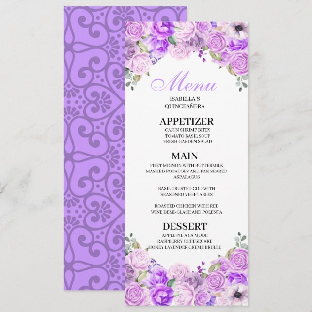 Convites Lilac Purple Floral Quinceanera Menu (Frente/Verso)