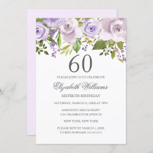 Convites Lilac Purple Watercolor Floral 60º Aniversário