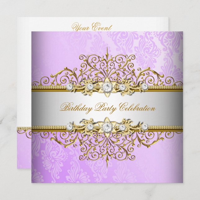 Convites Lilac Purple White Dourado Partido Elegante (Frente/Verso)