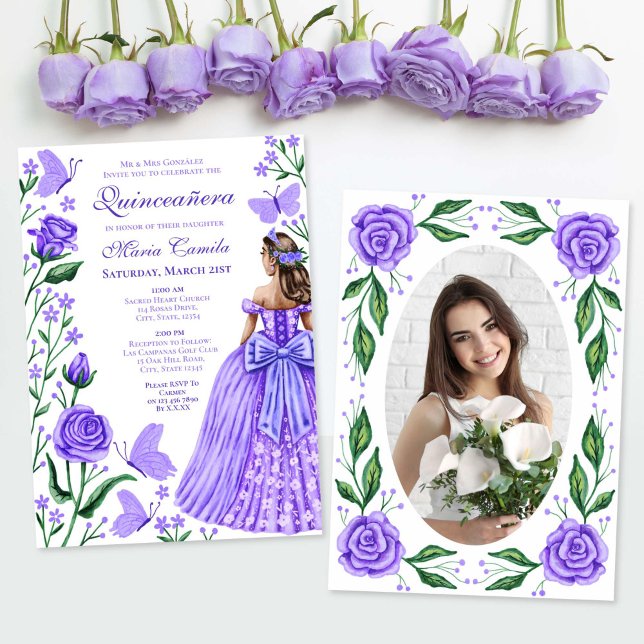 Convites Lilac Rosa Borboletas Princesa Foto Quinceanera (Lilac Roses Butterflies Princess Photo Quinceanera Invitation)