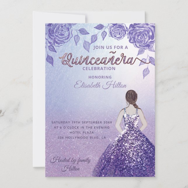 Convites Lilac rosa romântico Glitter vestido Quinceañera (Frente)