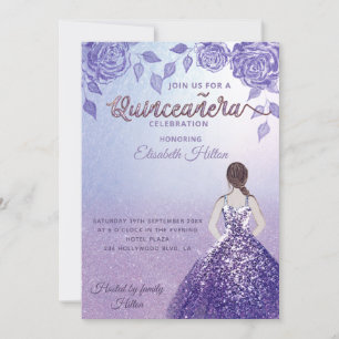Convites Lilac rosa romântico Glitter vestido Quinceañera