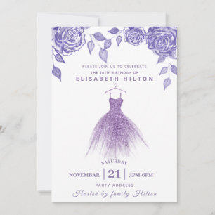 Convites Lilac rosas moderno Glitter vestido doce dezesseis