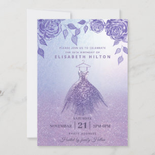 Convites Lilac rosas moderno Glitter vestido doce dezesseis