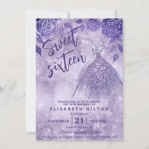 Convites Lilac rosas moderno Glitter vestido doce dezesseis