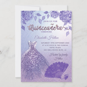 Convites Lilac rosas romântico Glitter fã de vestimenta Qui