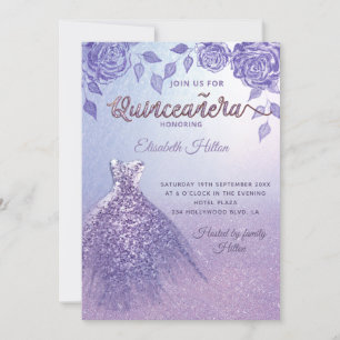 Convites Lilac rosas romântico Glitter vestido Quinceañera