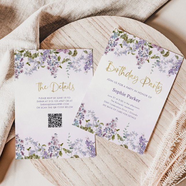 Convites Lilac Roxo bonito | Festa de aniversário de código (Criador carregado)