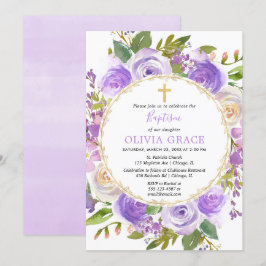 Convites Lilac roxo floral da lavanda da menina do baptismo