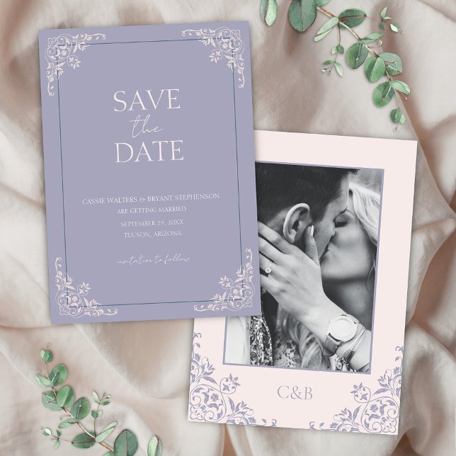 Convites Lilac Roxo Mínimo Romântico Francês Salve a Data (Romantic french lilac old money save the date card for purple blush pink vintage bridgerton wedding)