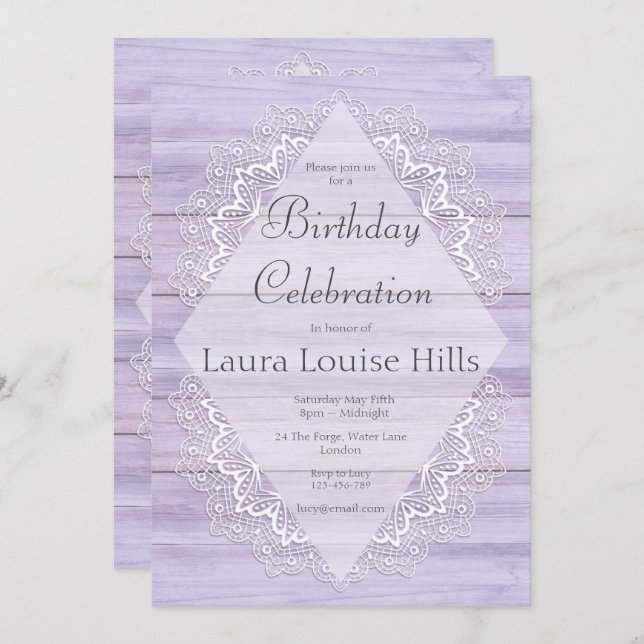 Convites Lilac Rustic Woodgrain e Lace Birthday (Frente/Verso)