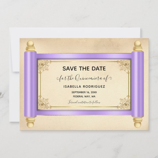 Convites Lilac Scroll Quinceañera Salve a Data (Frente)
