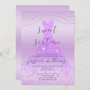 Convites Lilac Sequin Ball Gown & Lights Sweet 16 Birthday