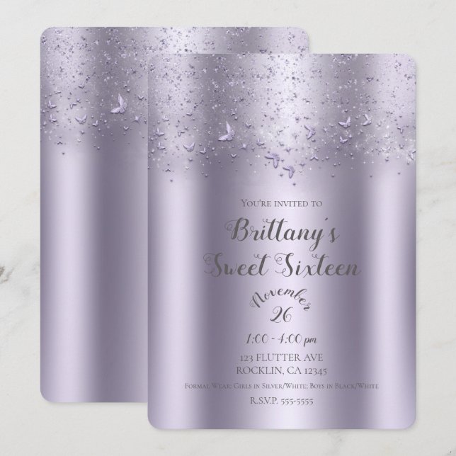 Convites Lilac Shimmer Flex Butterfly Doce 16 Partido (Frente/Verso)