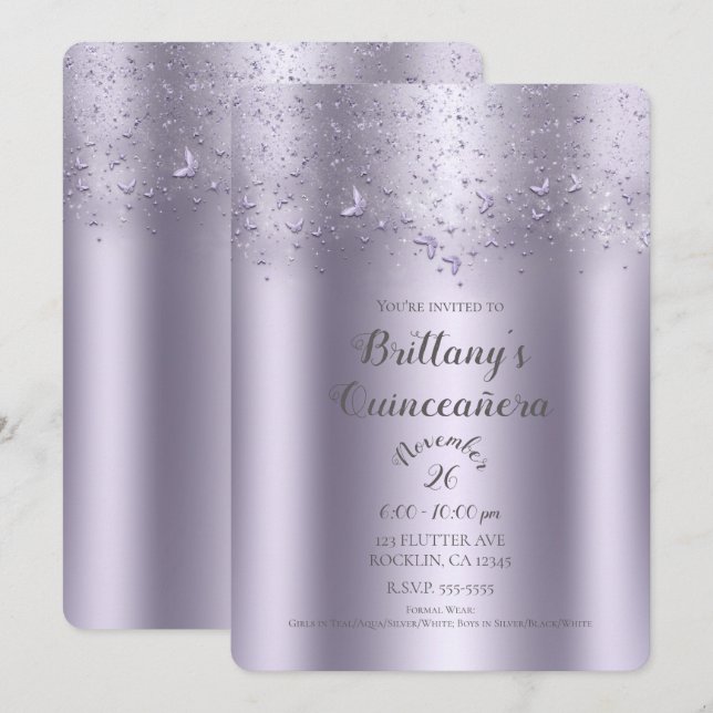 Convites Lilac Shimmer Flutter Butterfly Quinceañera (Frente/Verso)