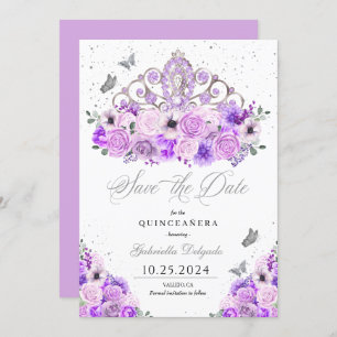 Convites Lilac & Silver Tiara Salvem A Data Quinceañera