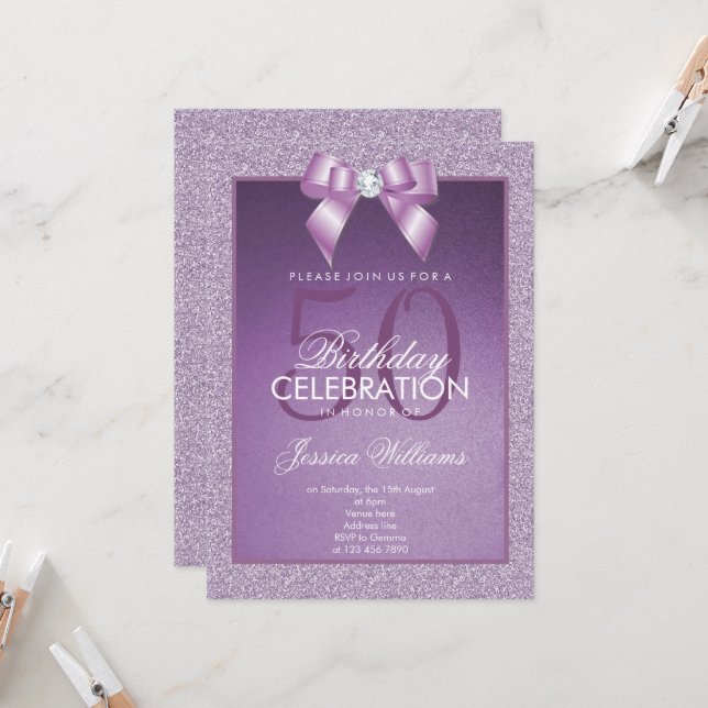 Convites Lilac Sparkle e Na moda Gem Birthday (Frente/Verso In Situ)