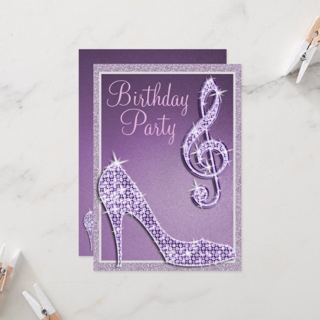 Convites Lilac Stiletto & Treble Clef Birthday (Frente/Verso In Situ)