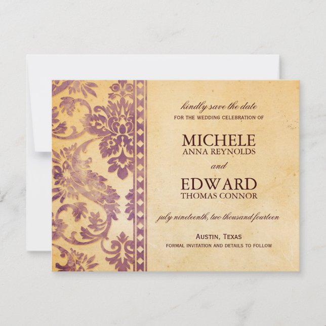 Convites Lilás Antigo Save the Date em Renda Damasco (Frente)