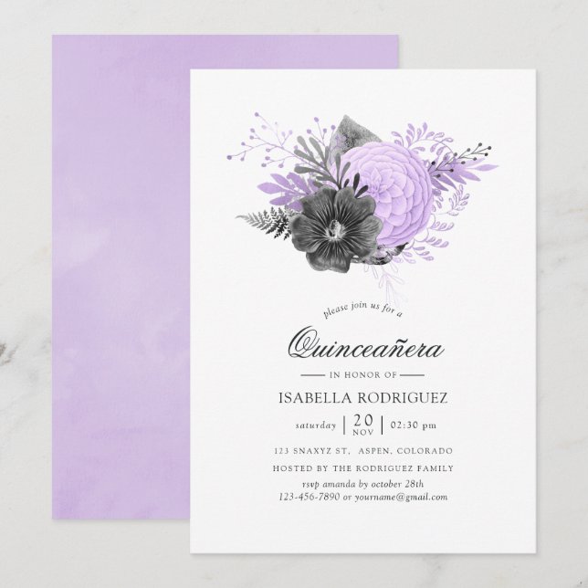 Convites Lilás e Carvão Floral Quinceañera em Aquarela (Frente/Verso)