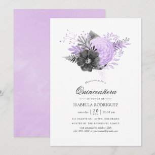 Convites Lilás e Carvão Floral Quinceañera em Aquarela