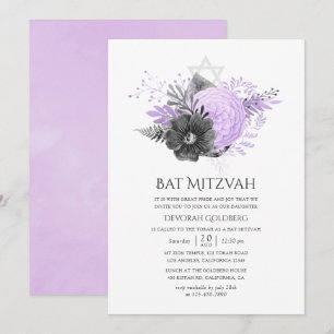 Convites Lilás e Floral de Carvão Bar Mitzvah