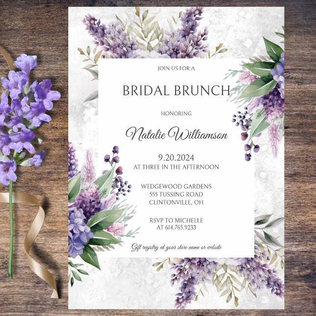 Convites Lilas e Urze em Brunch de Noiva Branco Mármore (Criador carregado)