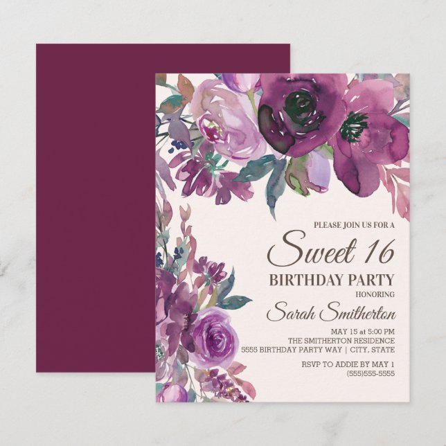 Convites Lilás Elegante Roxo Floral Script Doce 16 (Frente/Verso)