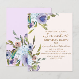 Convites Lilás Elegante Roxo Floral Verde Doce 16