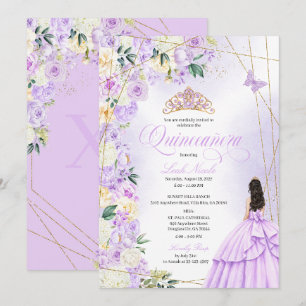 Convites Lilás Floral Quinceañera e Dourado Brilhante Sweet