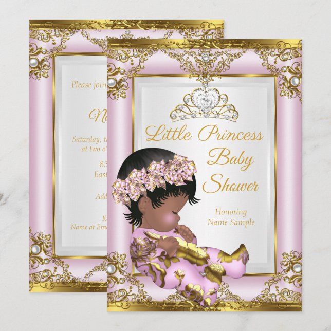 Convites Lilás Rosa Ouro Princesa Chá de Bebê Étnico (Frente/Verso)