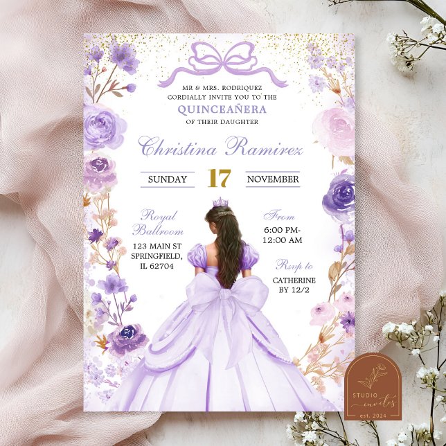 Convites Lilás Roxo Coquete Laço Princesa Quinceanera (Criador carregado)