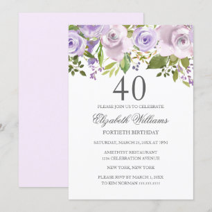 Convites Lilás Roxo Floral Aquarela 40º Aniversário