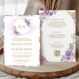 Convites Lilás Roxo Floral Mármore Dourado Tudo em Um Casam