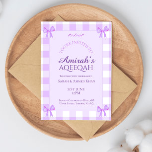 Convites Lilás Roxo Gingham Menina Muslim Aqiqa Aqeeqa