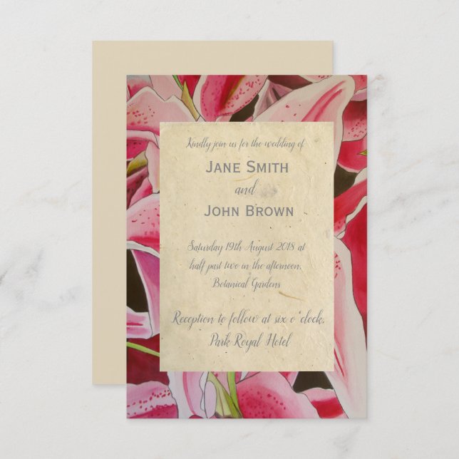 Convites Lillies cor-de-rosa noivos (Frente/Verso)