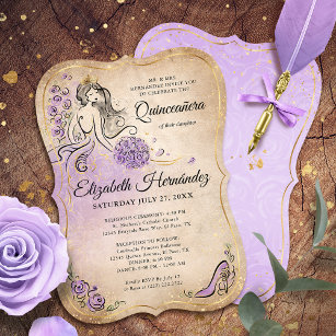 Convites Lilly Lavanda Dourada Princesa Quinceanera Anivers