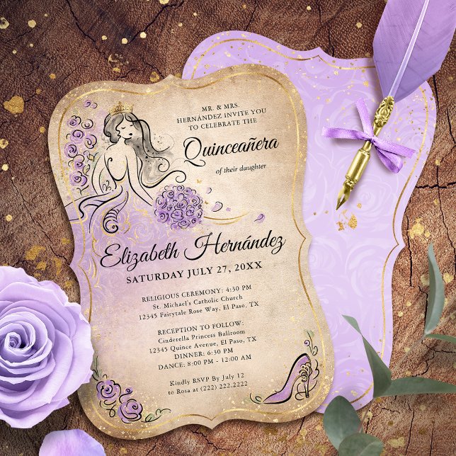 Convites Lilly Lavanda Dourada Princesa Quinceanera Anivers (A unique, elegant princess themed lilac lavender and gold invitation template editable by you.)