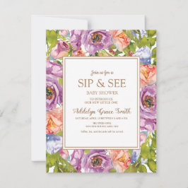 Convites Lilly Purple Floral Sip Consulte Chá de fraldas