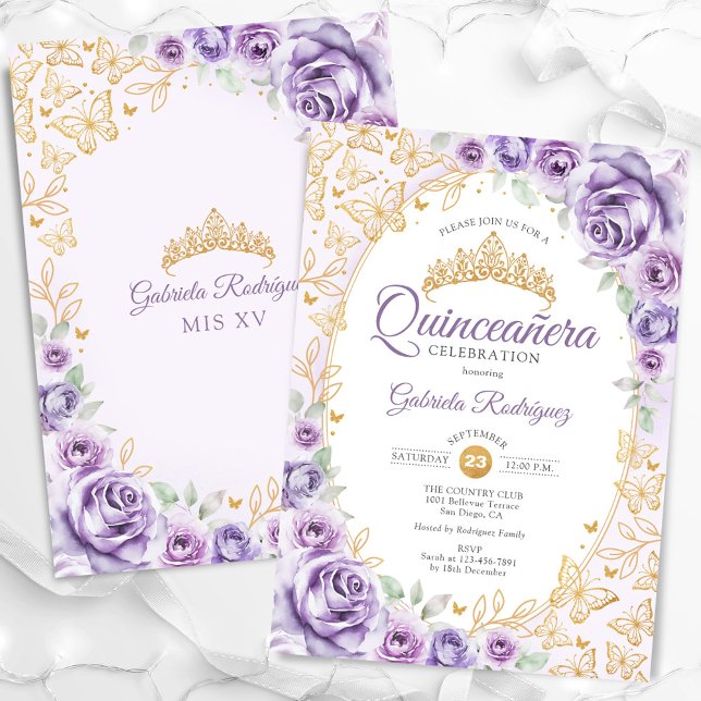 Convites Liloxo Purple Dourado Quinceanera (Criador carregado)